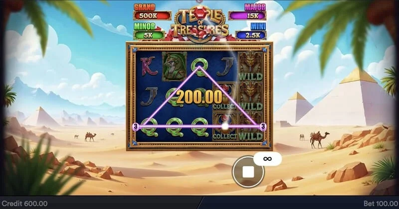 Temple of Treasures - hlavní obrazovka s válci a egyptským prostředím